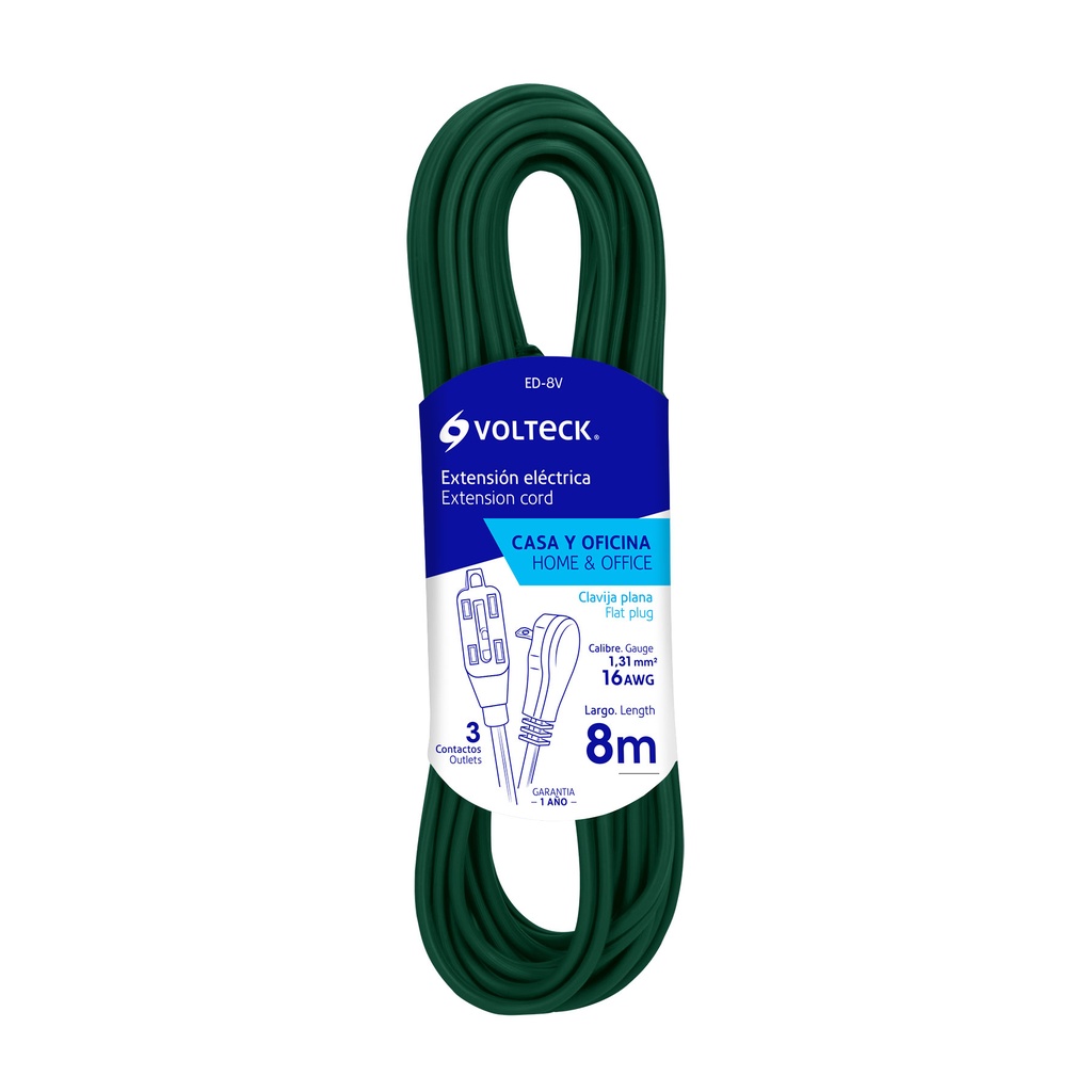 48032 / Extensión eléctrica doméstica 8 m verde con clavija plana, Volteck