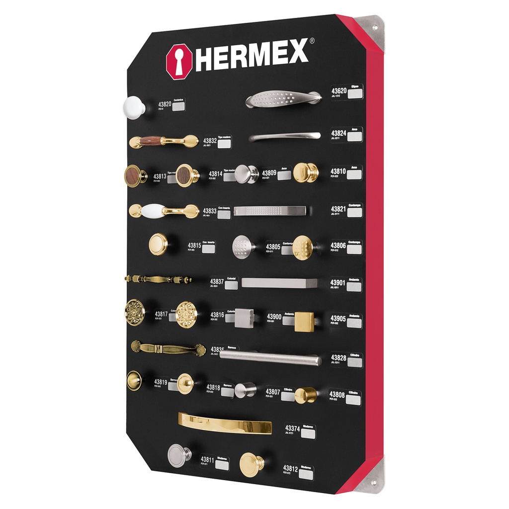 53001 / Exhibidor con jaladeras y perillas, 1 tablero, Hermex