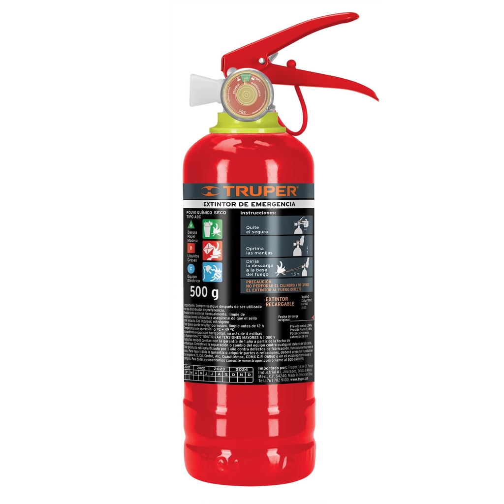 101172 / Extintor portátil recargable 0.5 kg, polvo tipo ABC, Truper