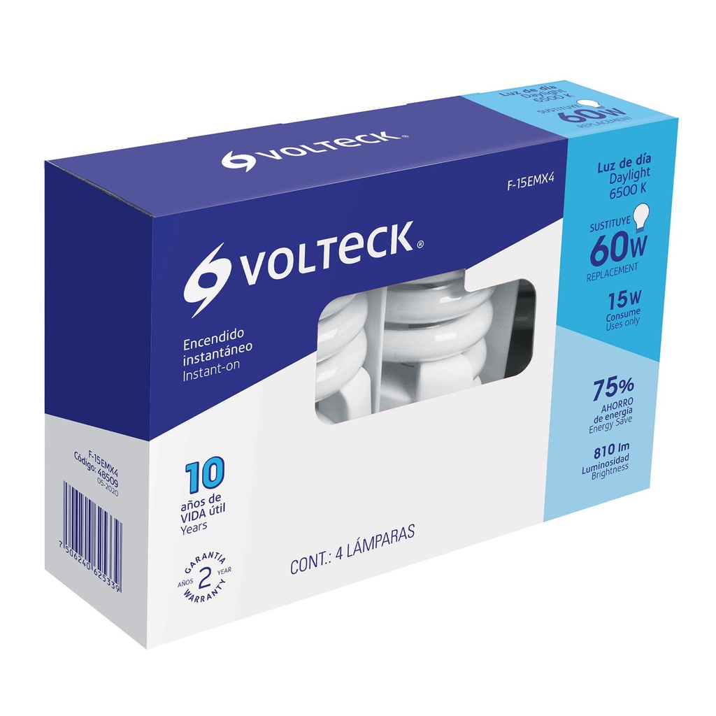48509 / Pack de 4 lámparas espiral mini T2 15 W luz de día, en caja, Volteck
