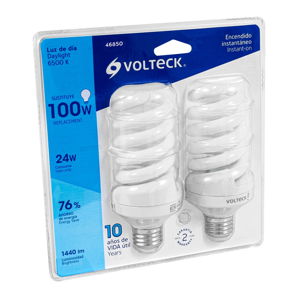 46850 / Pack 2 lámparas espiral T4 24 W luz de día, blíster, Volteck