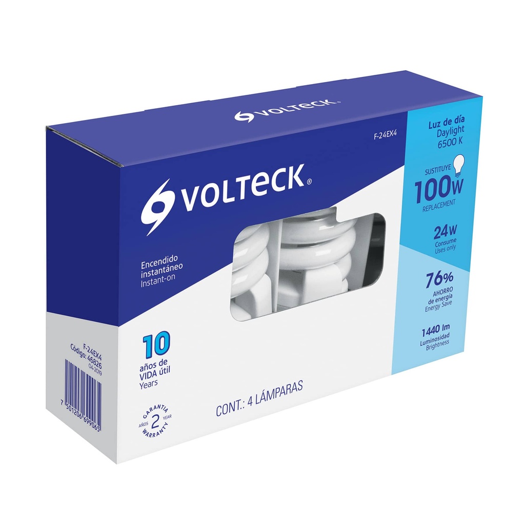 46826 / Pack 4 lámparas espiral T4 24 W luz de día, caja, Volteck