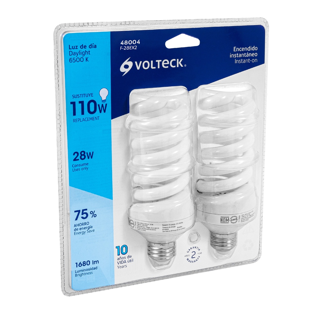 48004 / Pack 2 lámparas espiral T4 28 W luz de día, blíster, Volteck