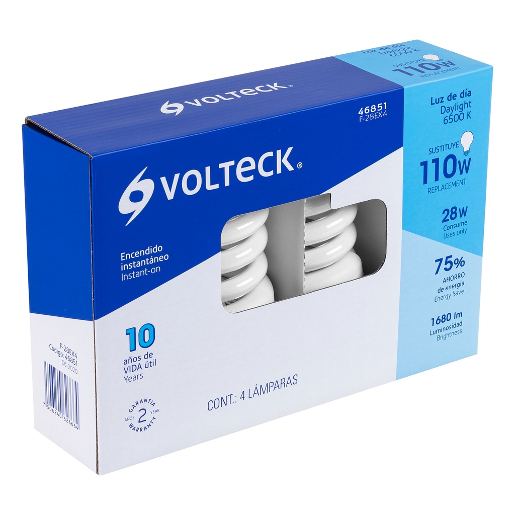 46851 / Pack 4 lámparas espiral T4 28 W luz de día, caja, Volteck