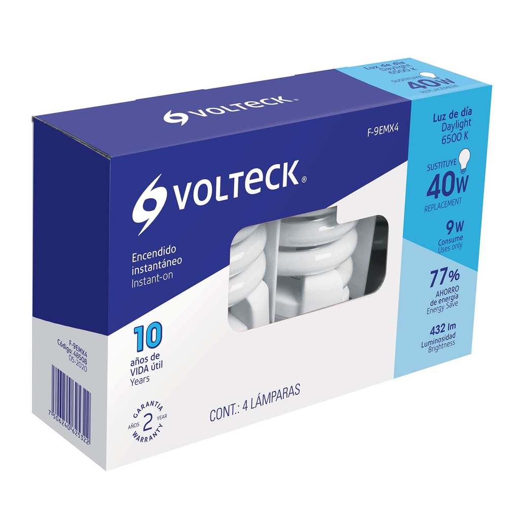 48508 / Pack de 4 lámparas espiral mini T2 9 W luz de día, en caja, Volteck