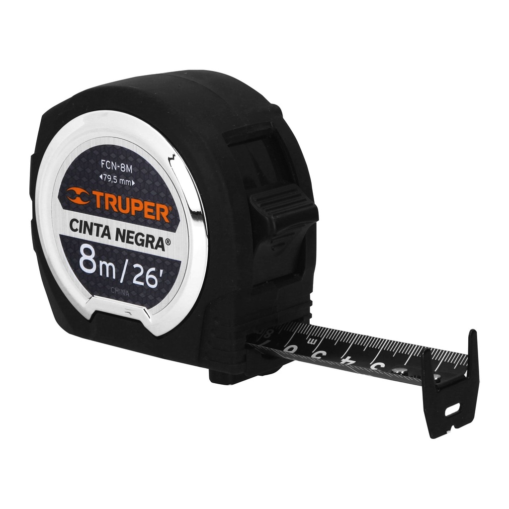 11747 / Flexómetro contra impactos 8 m, Cinta Negra 25 mm, Truper