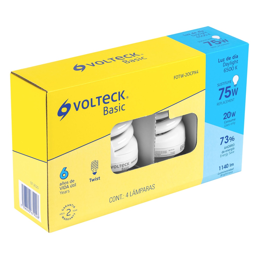 28026 / Pack de 4 lámparas espiral T4 20 W luz de día, caja, Volteck