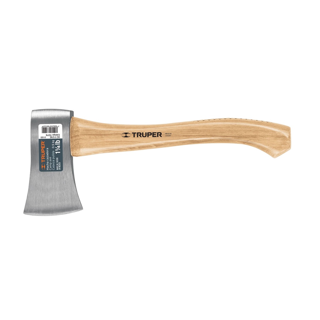 11376 / Hacha cazadora, 1-1/4 lb, mango hickory 14', cabeza pulida, Truper