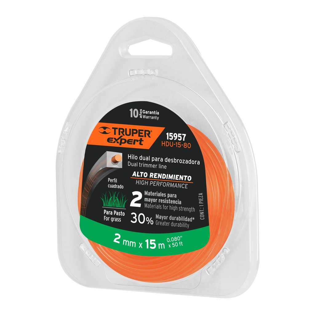 15957 / Rollo de hilo dual p/desbrozadora, 2mm x 15m, Truper Expert