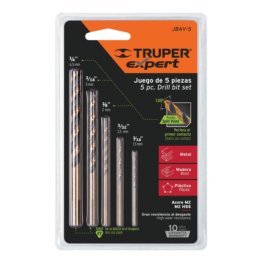 11394 / Juego de 5 brocas HSS para metal, Truper Expert