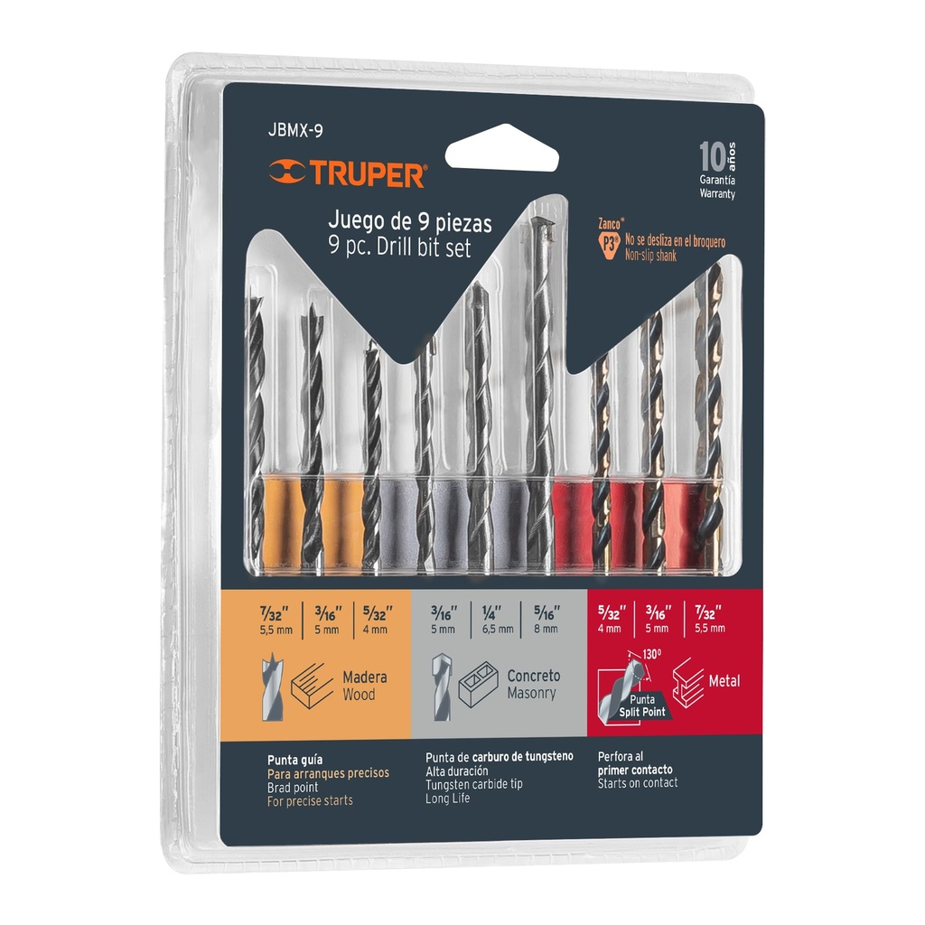 11339 / Juego de 9 brocas para metal, concreto y madera, Truper