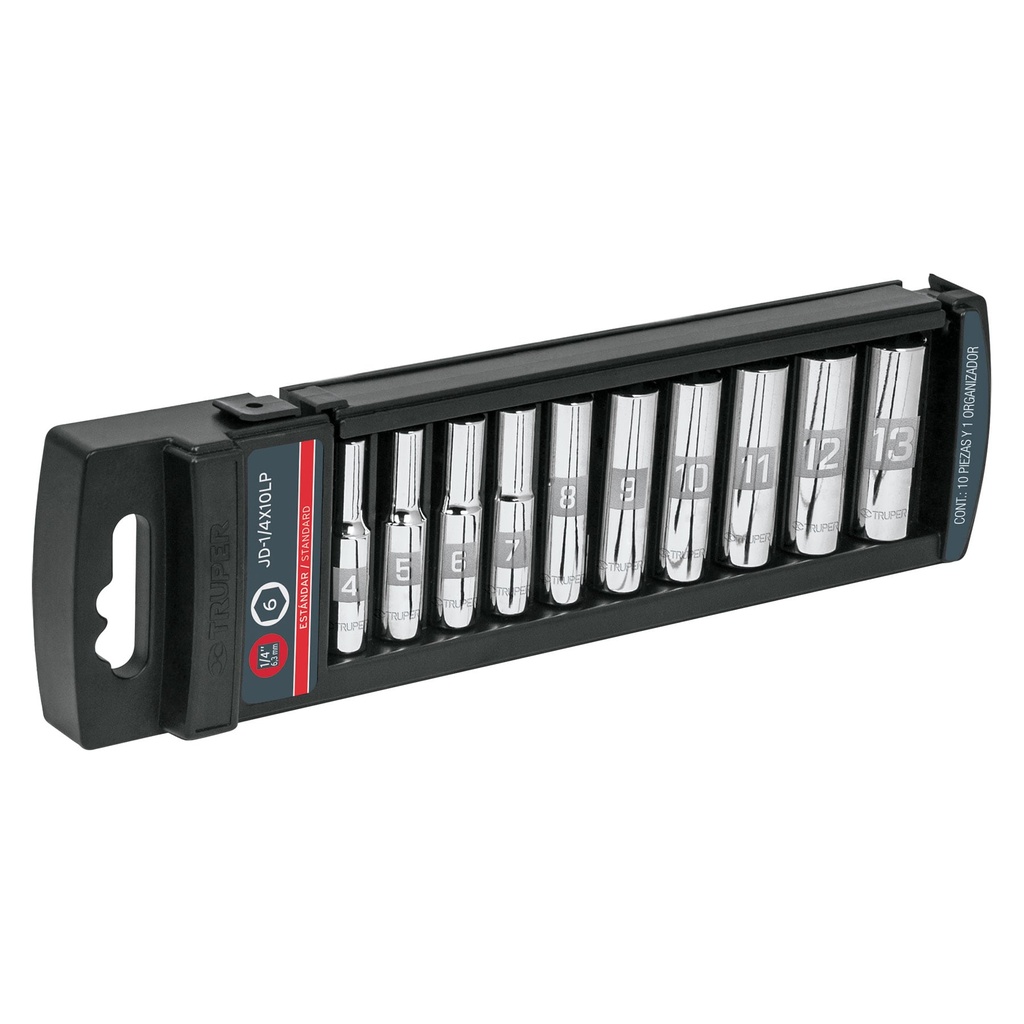 14167 / Juego de 10 dados largos cuadro 1/4' std, Truper