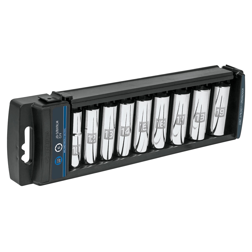 14173 / Juego de 9 dados largos cuadro 3/8' mm, Truper