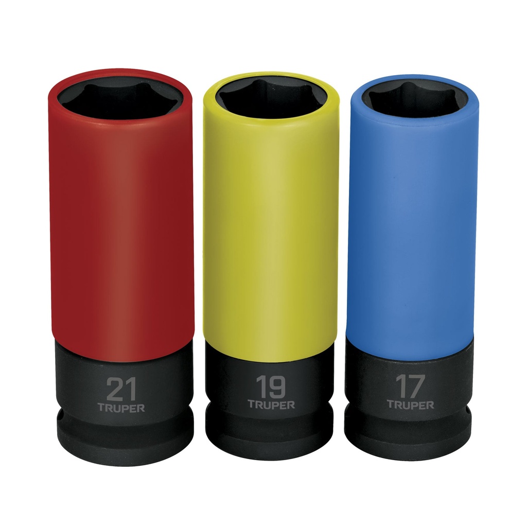 100942 / Juego 3 dados largos 1/2' impacto protección plástica 6p mm, Truper