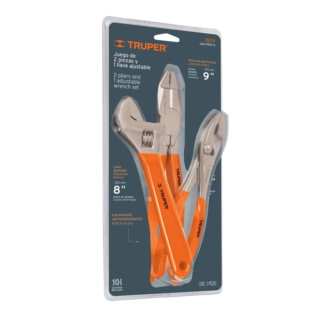 18216 / Juego con 2 pinzas y 1 llave ajustable mango de PVC, Truper