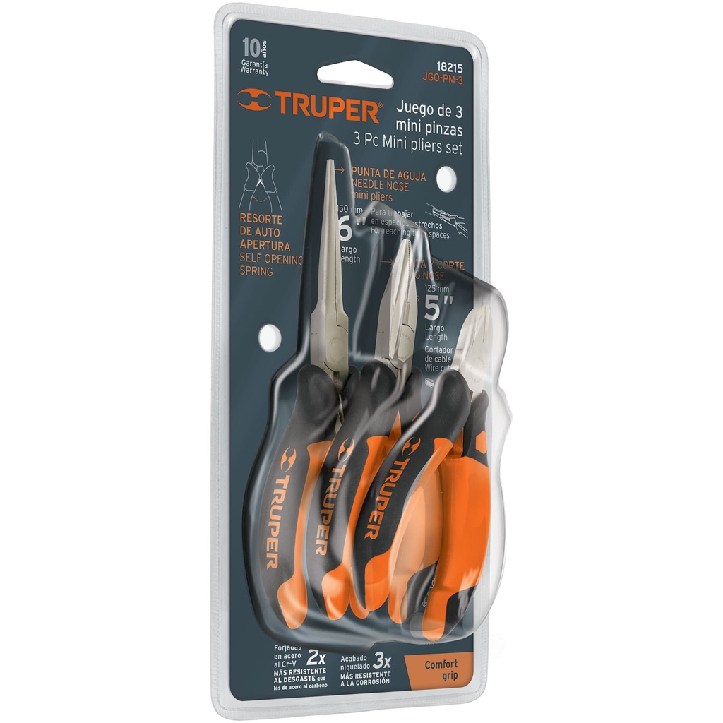 18215 / Juego de 3 mini pinzas mango Comfort Grip, Truper