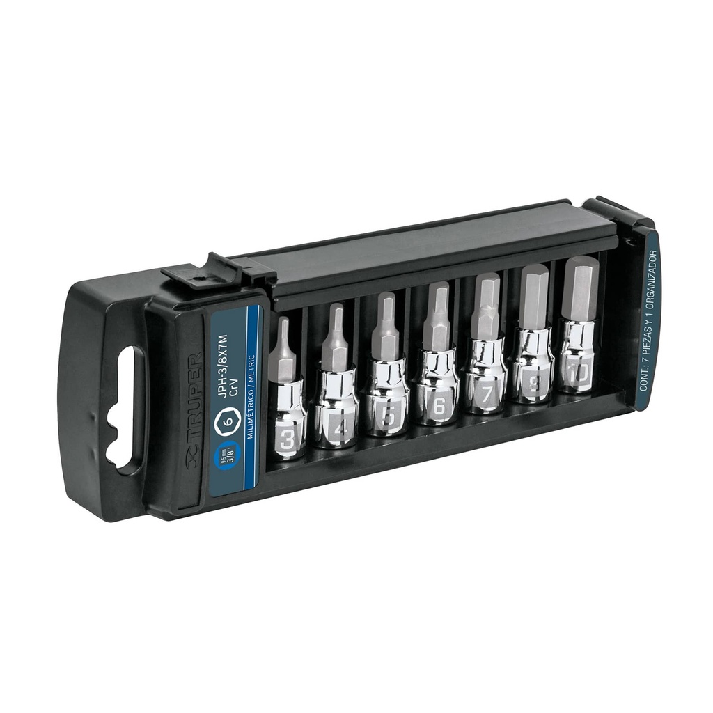 14170 / Juego de 7 dados cuadro 3/8' punta hexagonal mm, Truper