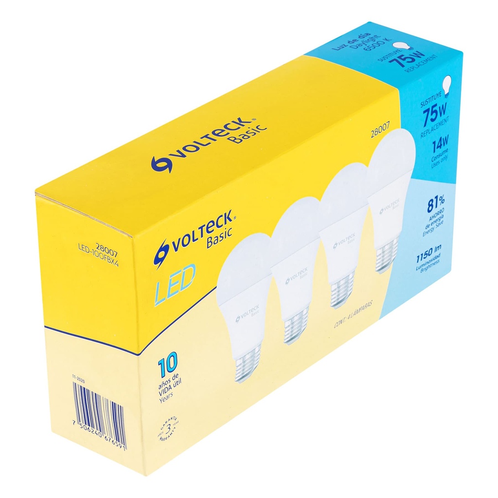 28007 / Pack de 4 lámparas LED A19 14 W (equiv. 75 W), luz de día, Volteck
