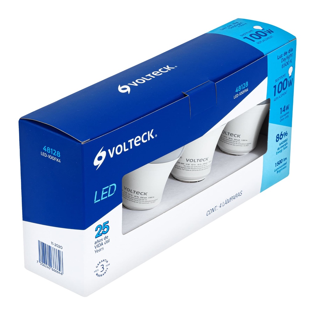 48128 / Pack de 4 lámparas LED A19 14 W (equiv. 100 W), luz de día, Volteck