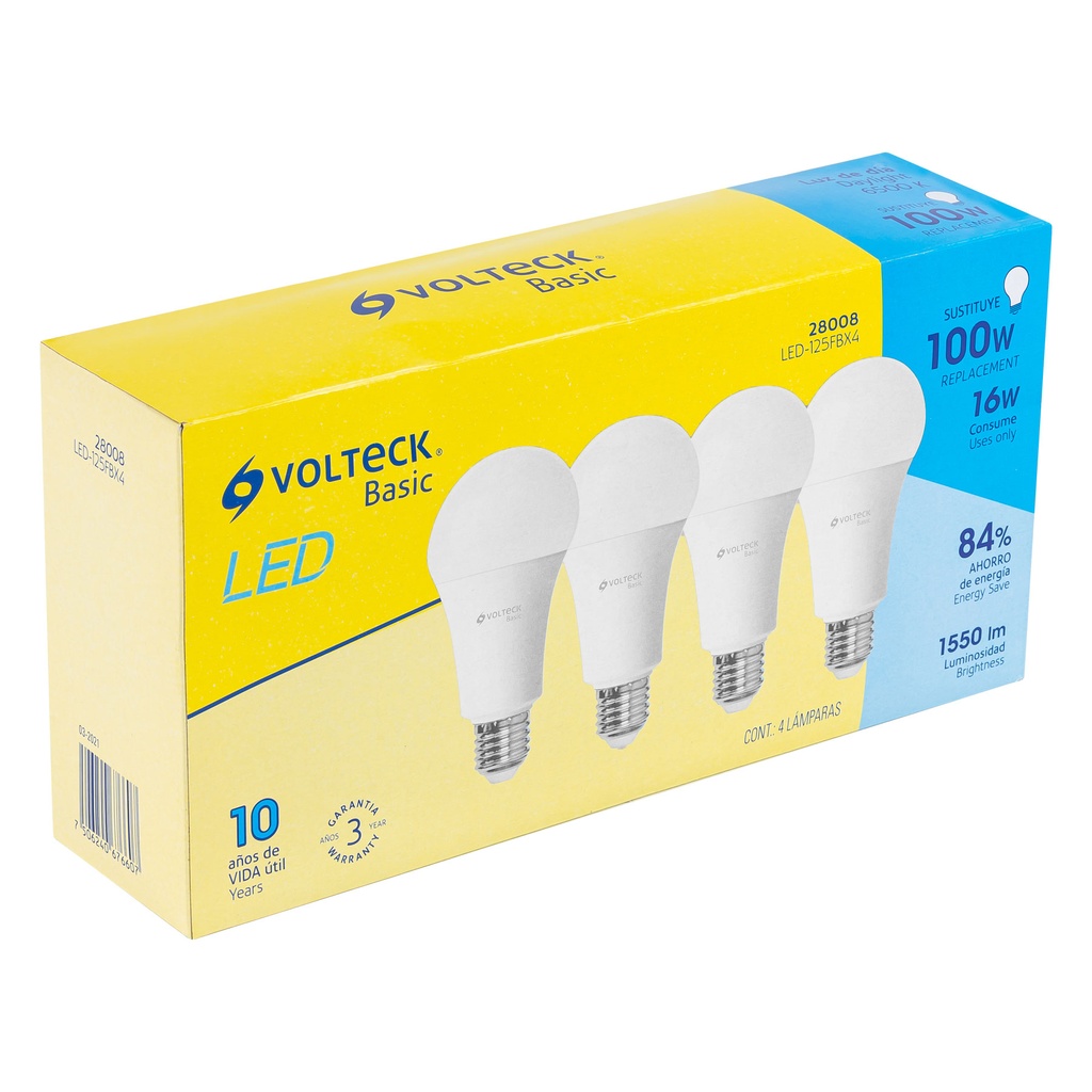 28008 / Pack de 4 lámparas LED A19 16 W (equiv. 100 W), luz de día, Volteck