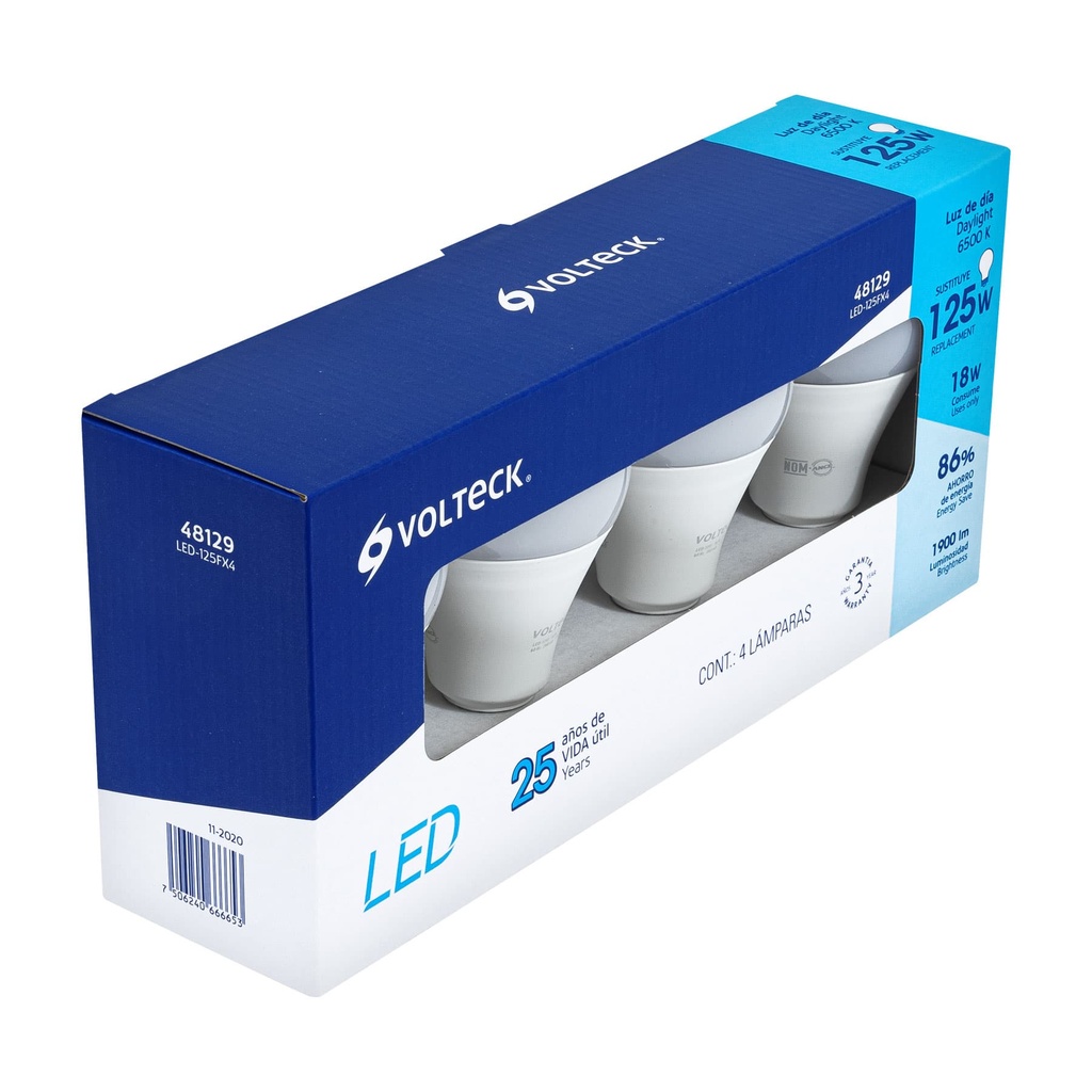 48129 / Pack de 4 lámparas LED A19 18 W (equiv. 125 W), luz de día, Volteck