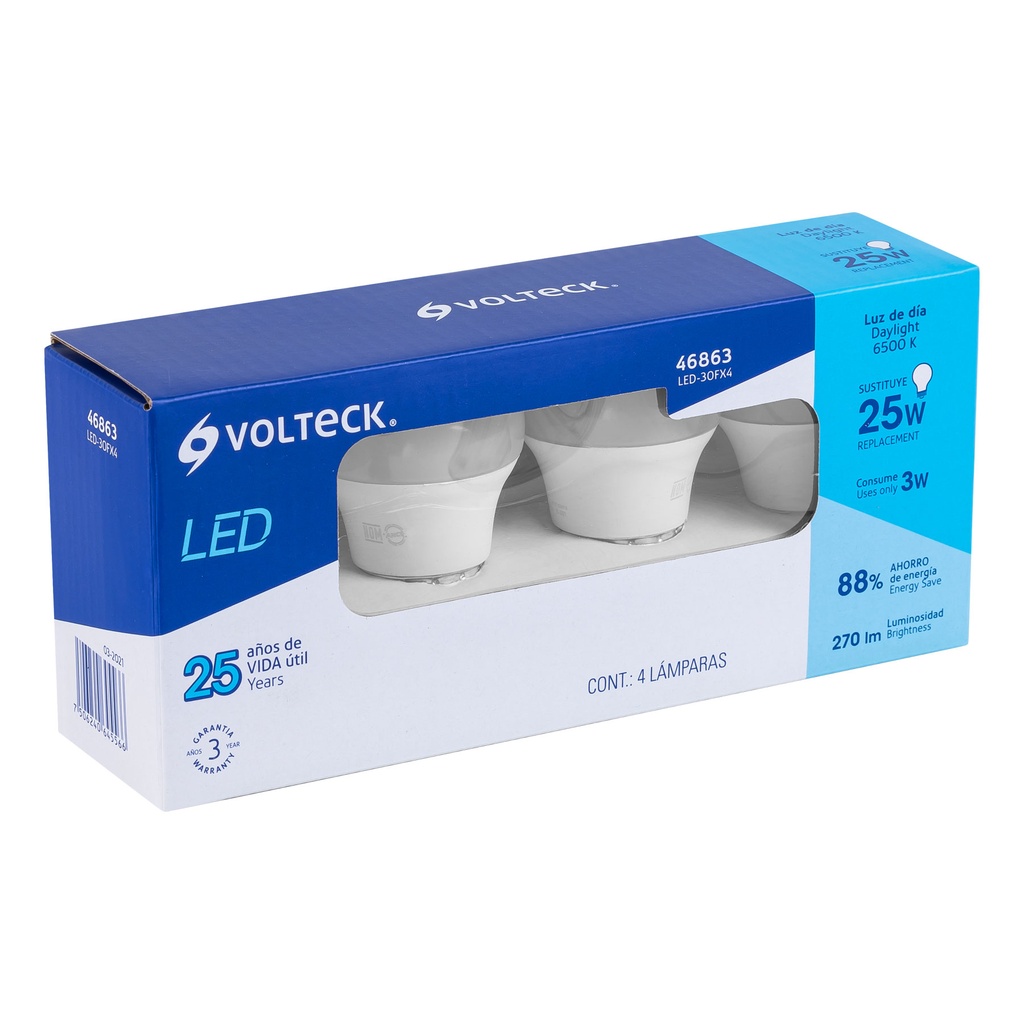 46863 / Pack de 4 lámparas LED G45 3 W (equiv. 25 W), luz de día, Volteck