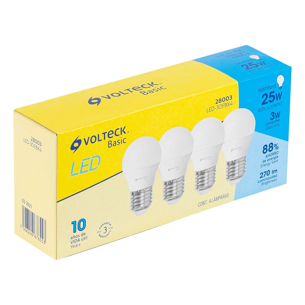 28003 / Pack de 4 lámparas LED G45 3 W (equiv. 25 W), luz de día, Volteck