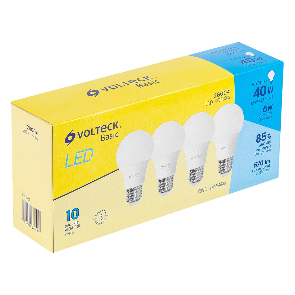 28004 / Pack de 4 lámparas LED A19 6 W (equiv. 40 W), luz de día, Volteck