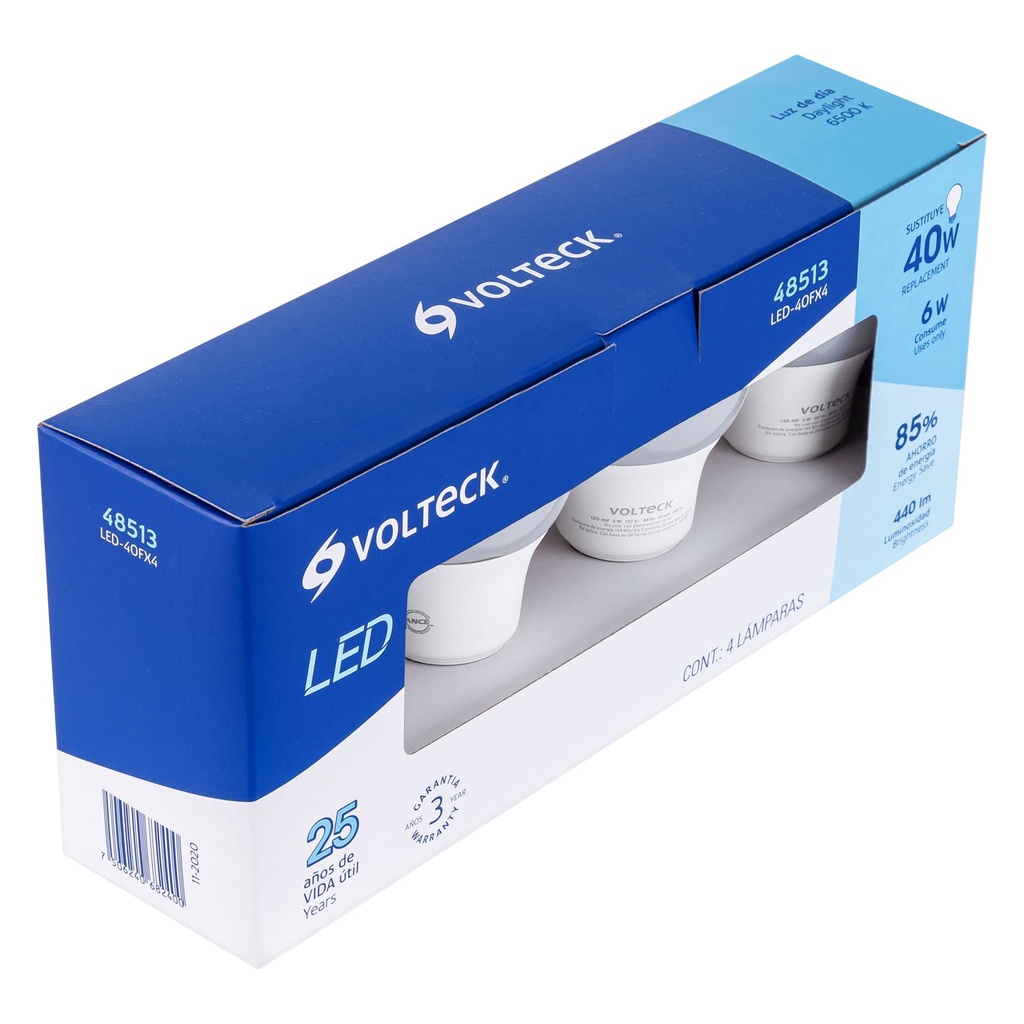 48513 / Pack de 4 lámparas LED A19 6 W (equiv. 40 W), luz de día, Volteck