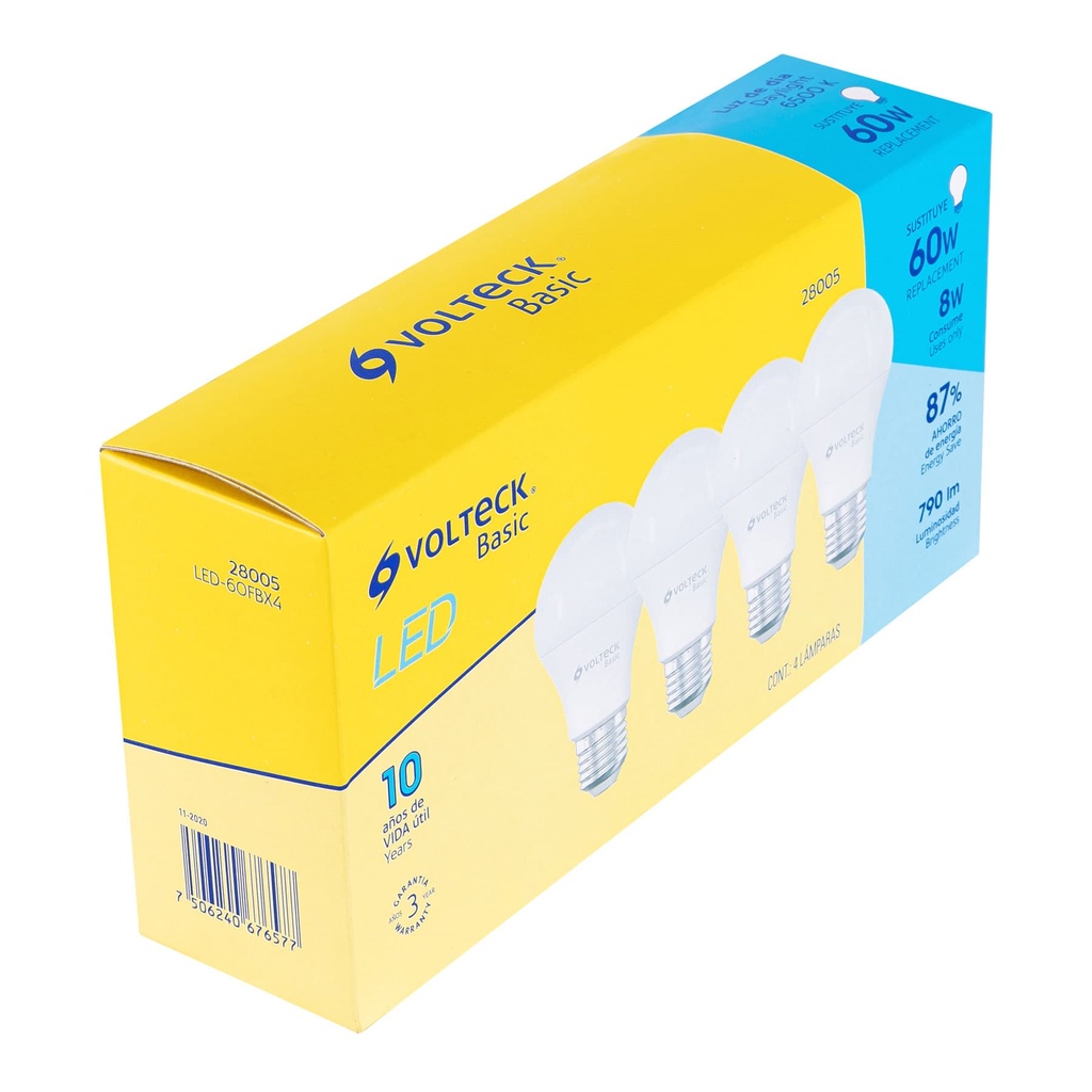 28005 / Pack de 4 lámparas LED A19 8 W (equiv. 60 W), luz de día, Volteck