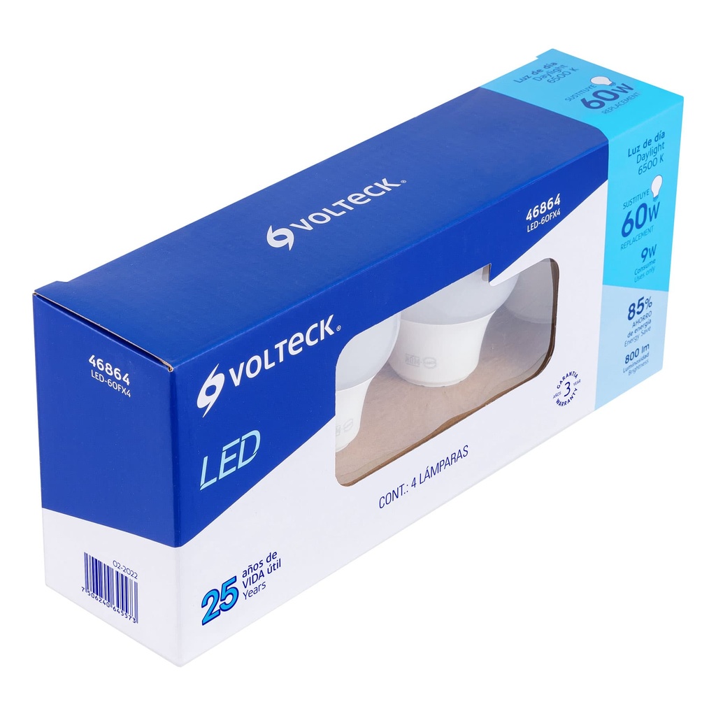46864 / Pack de 4 lámparas LED A19 9 W (equiv. 60 W), luz de día, Volteck