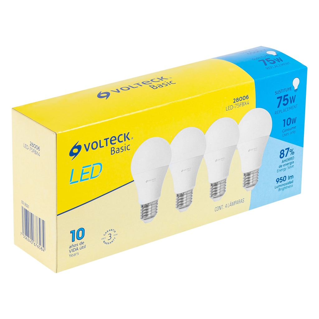 28006 / Pack de 4 lámparas LED A19 10 W (equiv. 75 W), luz de día, Volteck