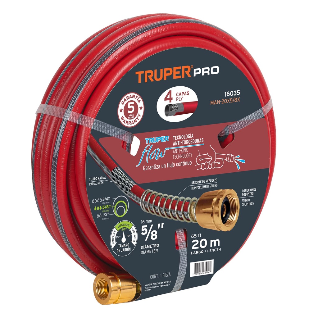 16035 / Manguera 5/8' super reforzada 4 capas 20 m conexiones metal, Truper