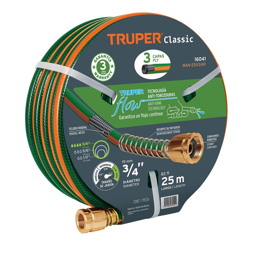 16041 / Manguera 3/4' reforzada 3 capas conexiones de metal 25 m, Truper