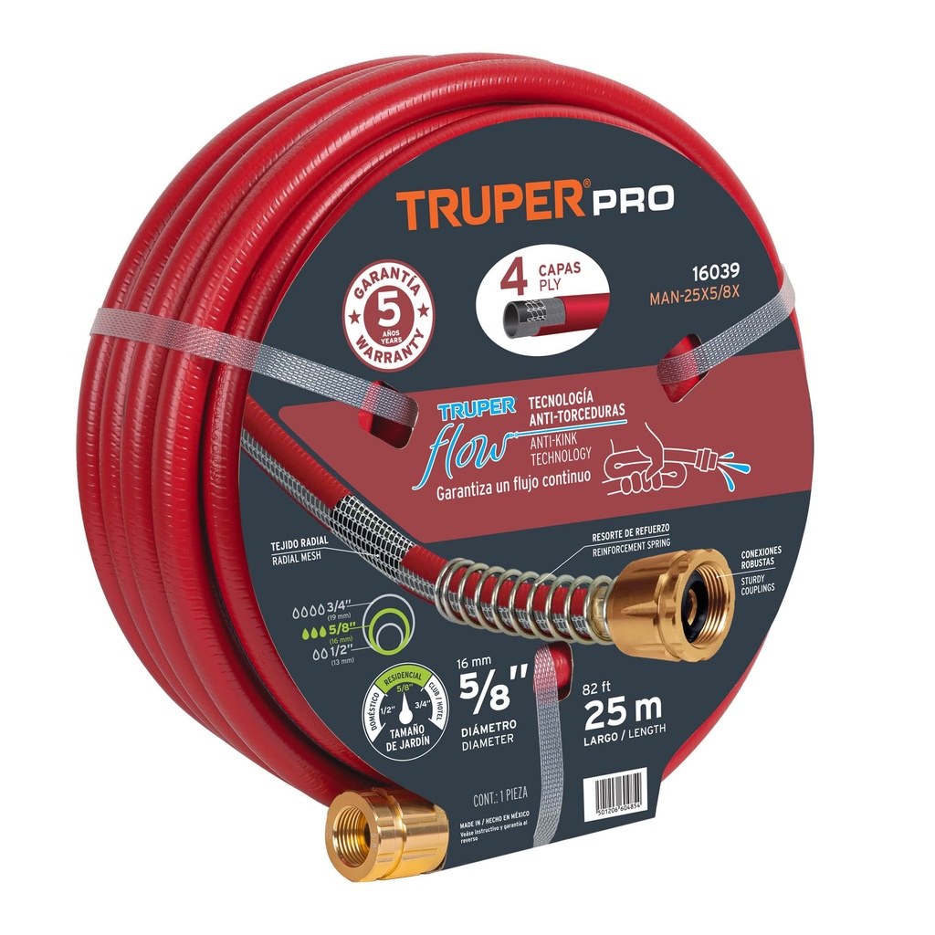 16039 / Manguera 5/8' super reforzada 4 capas 25 m conexiones metal, Truper