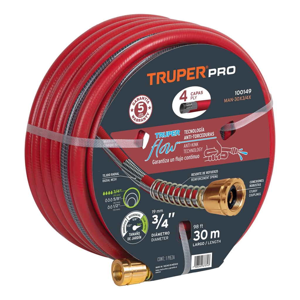100149 / Manguera 3/4' super reforzada 4 capas conexiones metal 30m, Truper