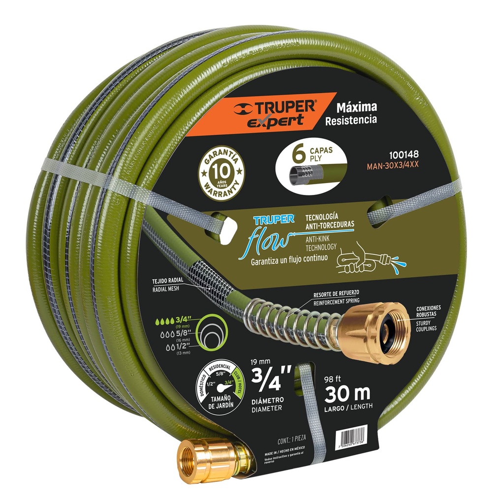 100148 / Manguera 3/4' anti-torceduras 6 capas 30m conexiones d/metal, Expert