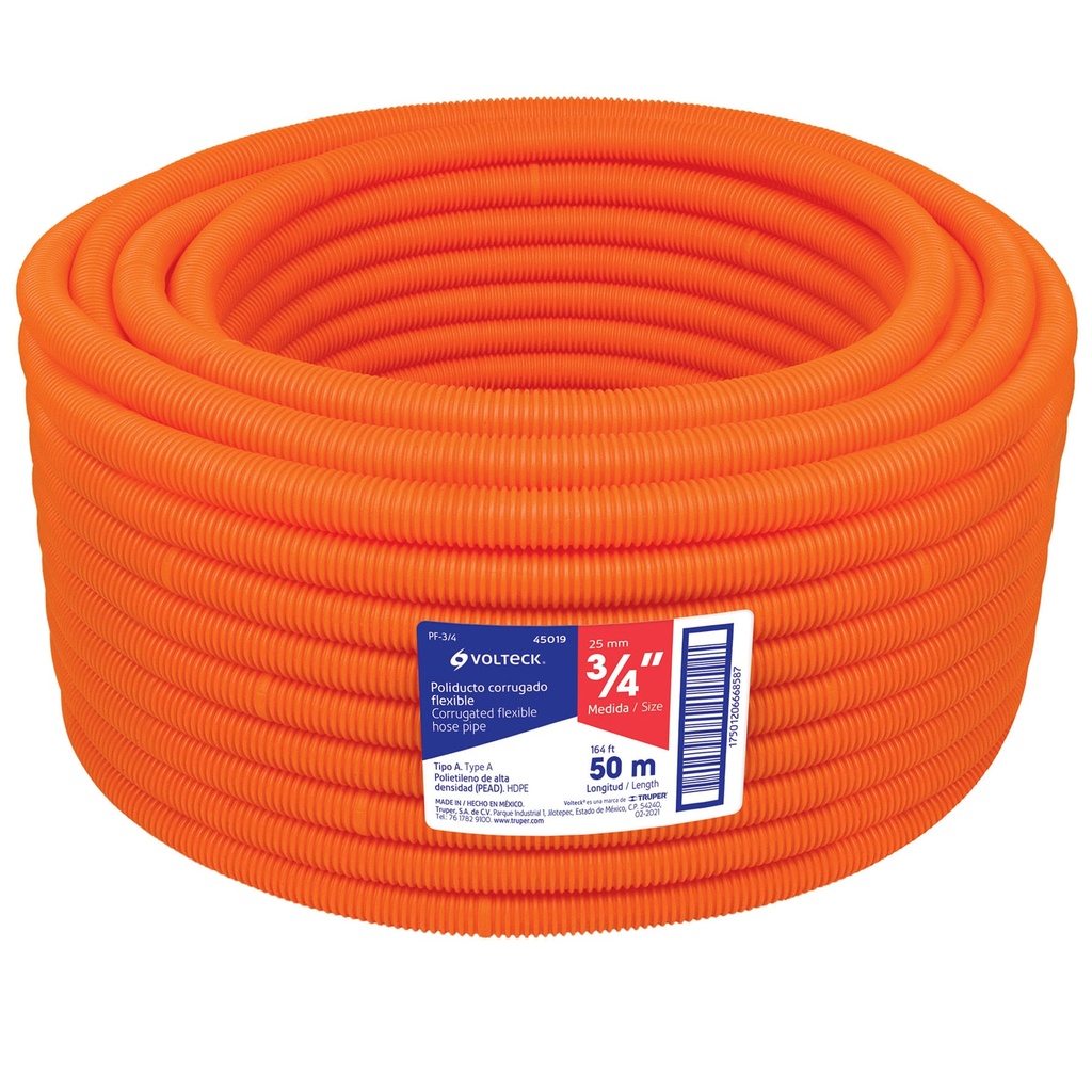 45019 / Metro de poliducto 3/4' corrugado flex. s/guía, rollo 50 m, Volteck