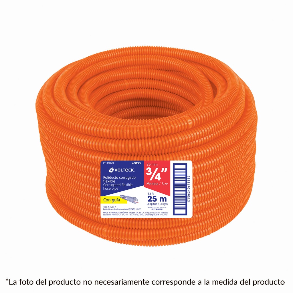 40133 / Metro de poliducto 3/4' corrugado flex. c/guía, rollo 25 m, Volteck