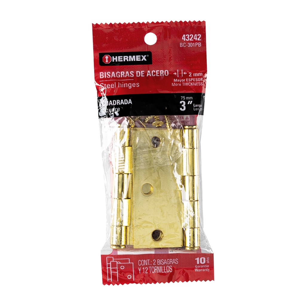 43242 / Bolsa c/2 bisagras cuadradas de 3', latonado, cabeza plana, Hermex