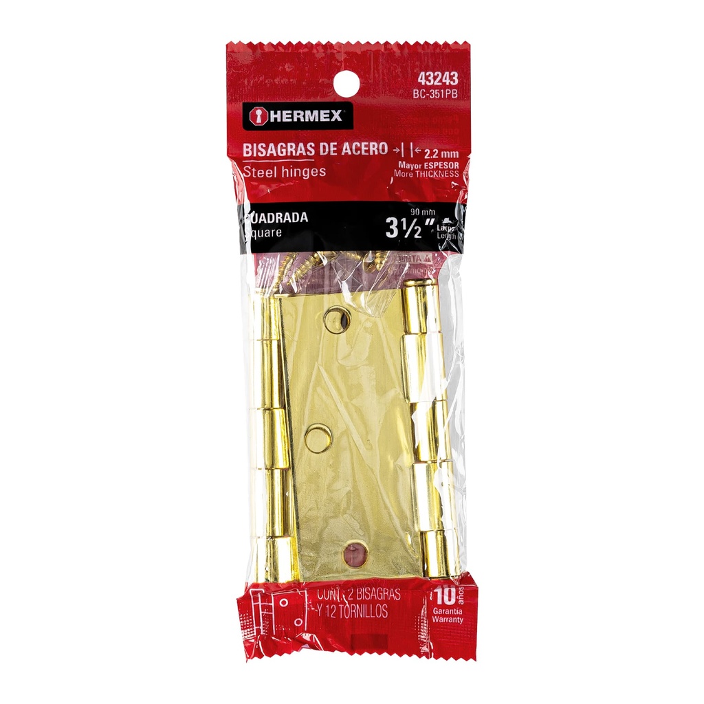 43243 / Bolsa c/2 bisagras cuadradas 3-1/2', latonado, cabeza plana, Hermex