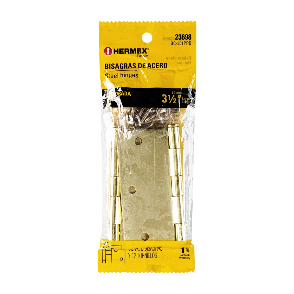 23698 / Bolsa con 2 bisagras cuadradas 3-1/2', acero latonado, Basic, Hermex
